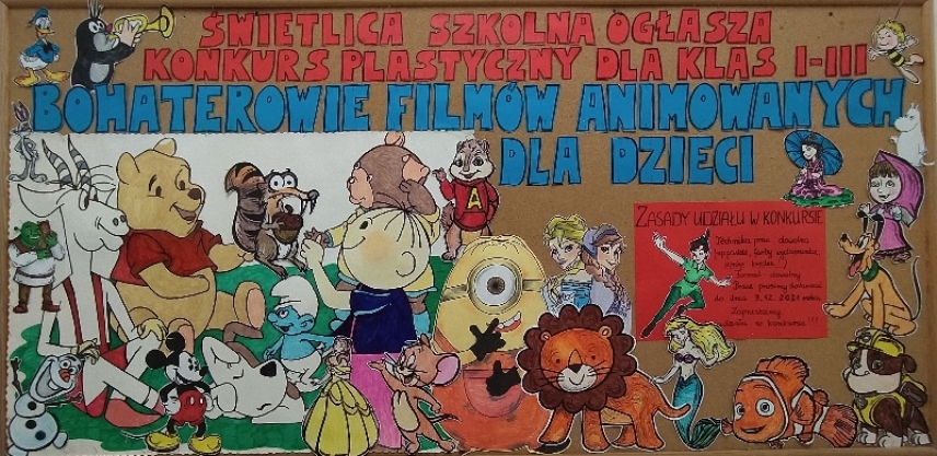 Świetlica szkolna ogłasza konkurs plastyczny dla klas I-III pt.: “Bohaterowie filmów animowanych dla dzieci”